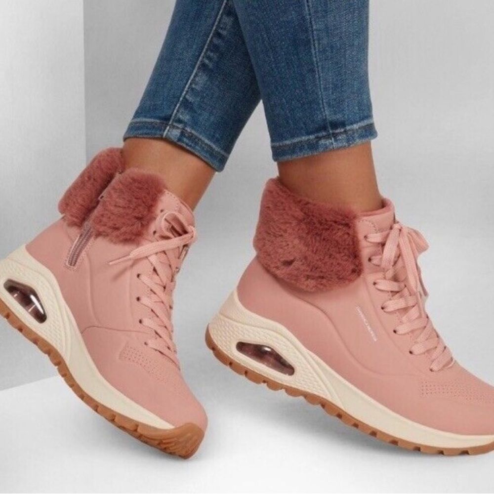 Skechers Uno Rugged Fall Air Ankle Boot Pink Faux Fur Skech-Air Women’s 5 NWOB